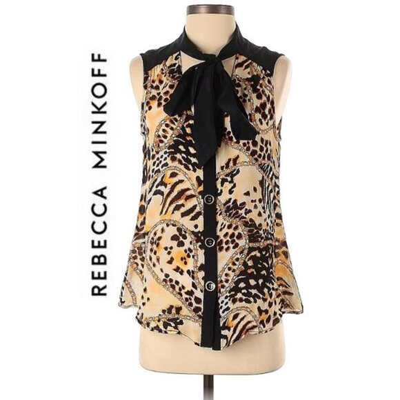REBECCA MINKOFF! 100% silk sleeveless animal print with bow tie - Picture 3 of 14